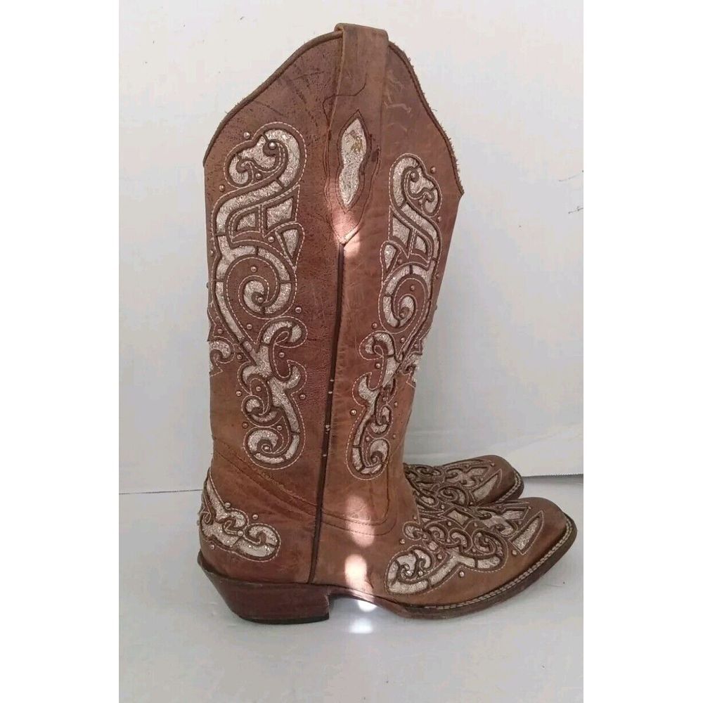 Western Cowgirl Boots Brown Leather Embroidered Floral Design Square Toe - Picture 5 of 7